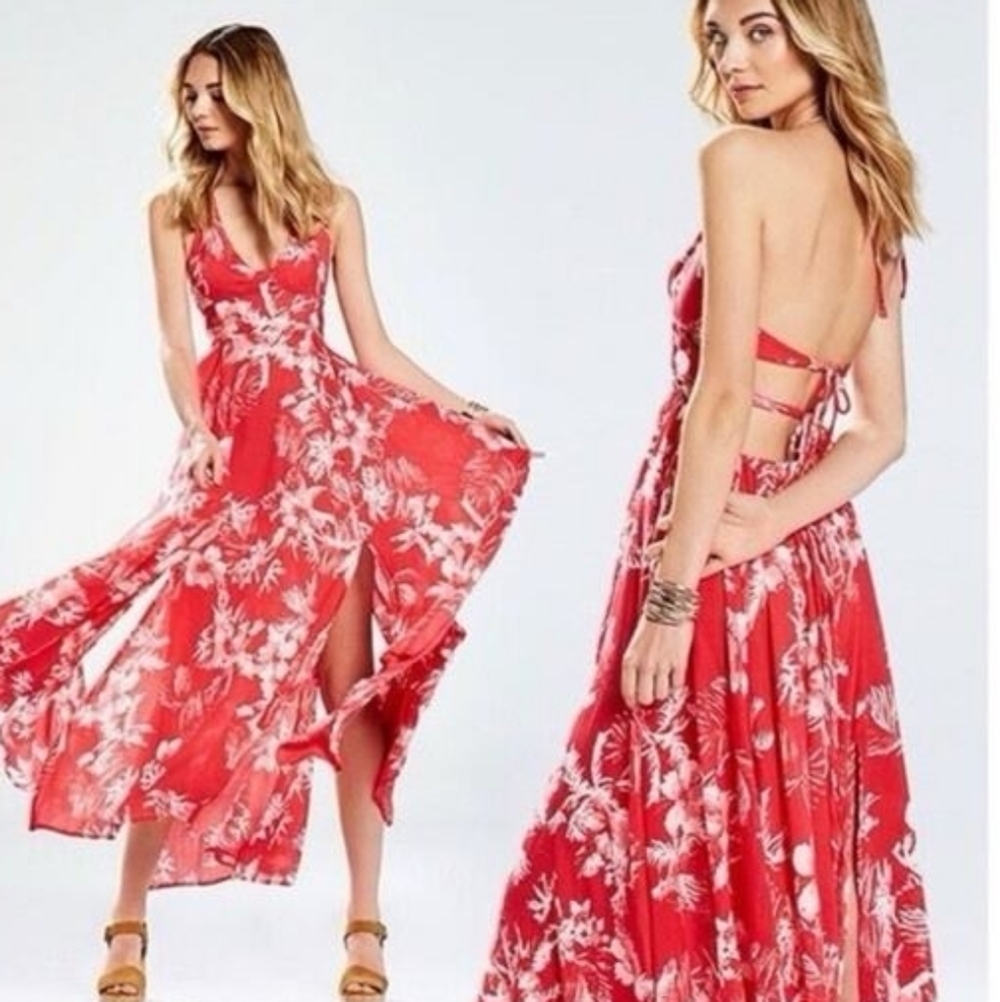 Free People Lille Tropical Printed Cutouts Rasberry Tie Maxi Dress Small $128 XS - Picture 4 of 14